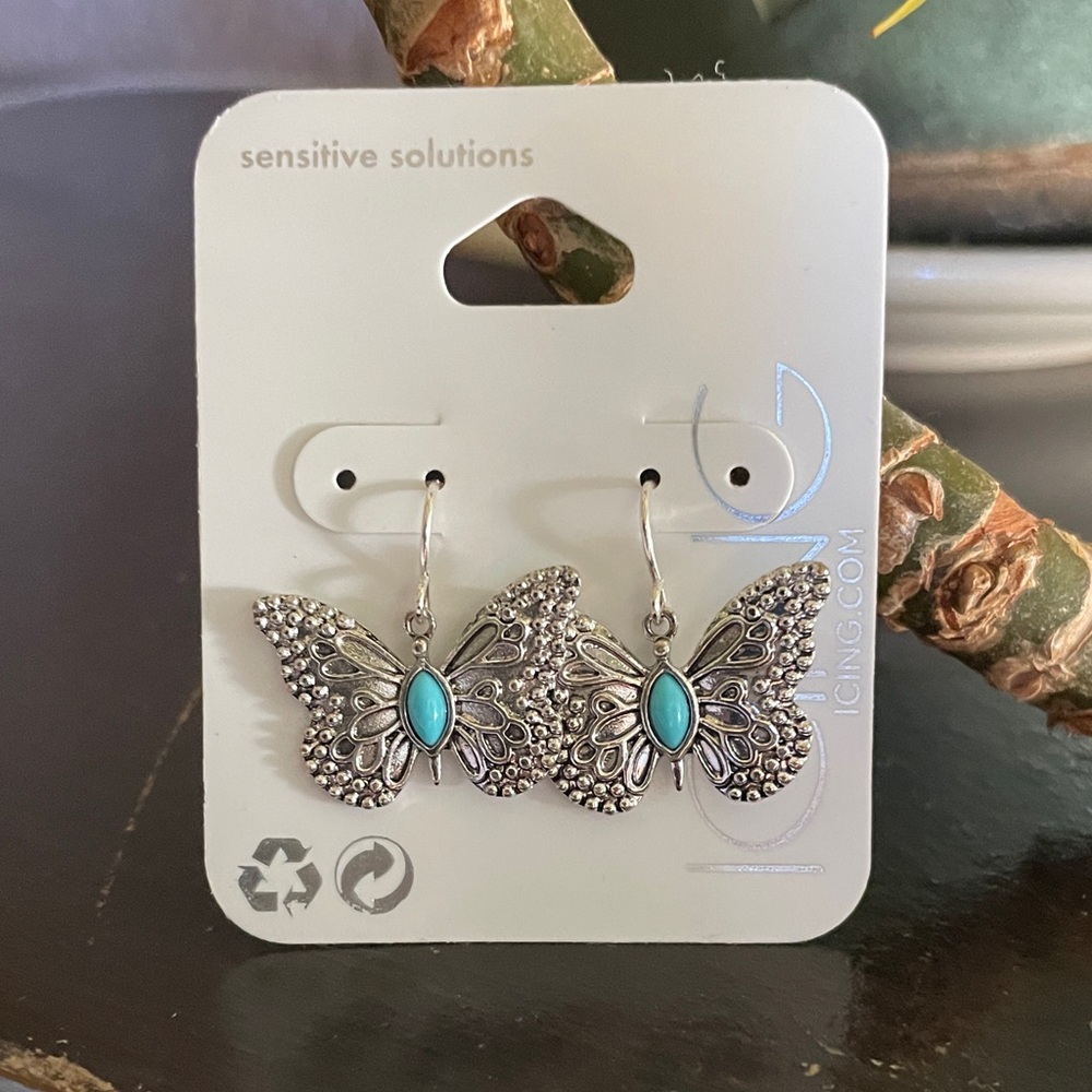 Icing Silver and Blue Butterfly Earrings